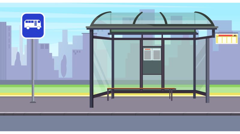 Cityscape with empty bus stop and sign vector illustration