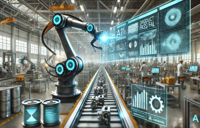 Ilustrasi pabrik pintar di China yang memanfaatkan teknologi kecerdasan buatan untuk mendukung industrialisasi dan kemandirian AI nasional.