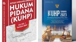 Buku Kitab Udang-Udang Hukum Pidana (KUHP) yang baru. Pemberlakuan KUHP dan KUHAP Nasional menandai era baru hukum Indonesia.