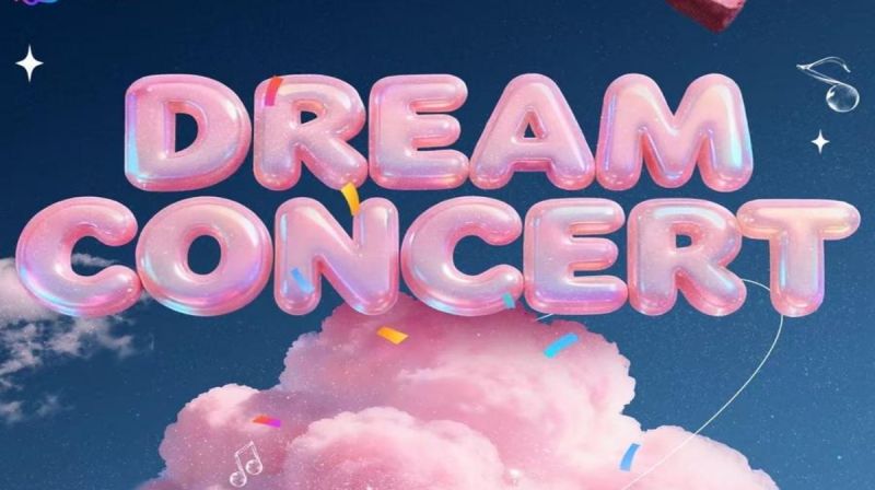 Ilustrasi “Dream Concert” dengan huruf balon berwarna pink di atas latar langit dan awan, melambangkan acara konser K-pop berskala internasional.