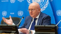 Duta Besar Rusia untuk PBB Vassily Nebenzia berbicara di ruang Dewan Keamanan PBB, menyerukan pembebasan Presiden Venezuela Nicolas Maduro oleh Amerika Serikat.