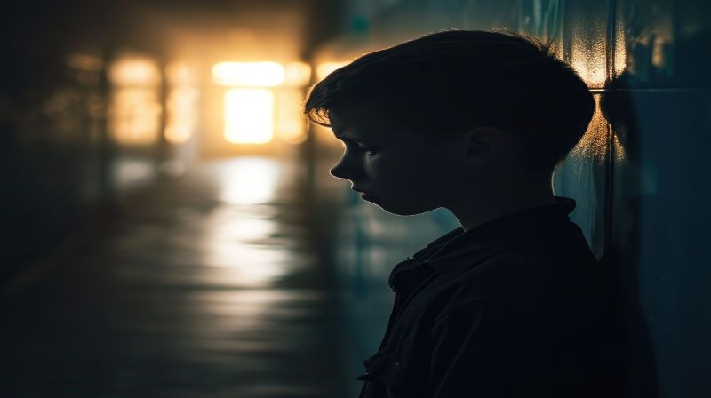 Ilustrasi anak kecil duduk termenung dengan ekspresi sedih, menggambarkan tekanan psikologis dan kesepian anak di tengah kemiskinan ekstrem.