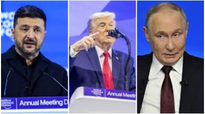 Kolase Presiden Ukraina Volodymyr Zelenskyy, Presiden AS Donald Trump, dan Presiden Rusia Vladimir Putin terkait pembicaraan damai Ukraina–Rusia.