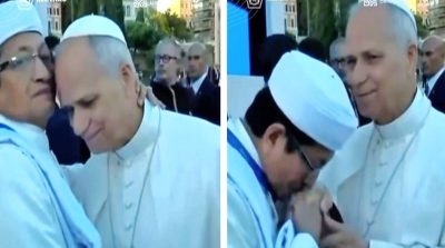 Menteri Agama RI Nasaruddin Umar mencium tangan dan kepala Paus dalam peringatan 60 tahun Nostra Aetate di Roma, sebagai simbol penghormatan dan pesan perdamaian antarumat beragama.