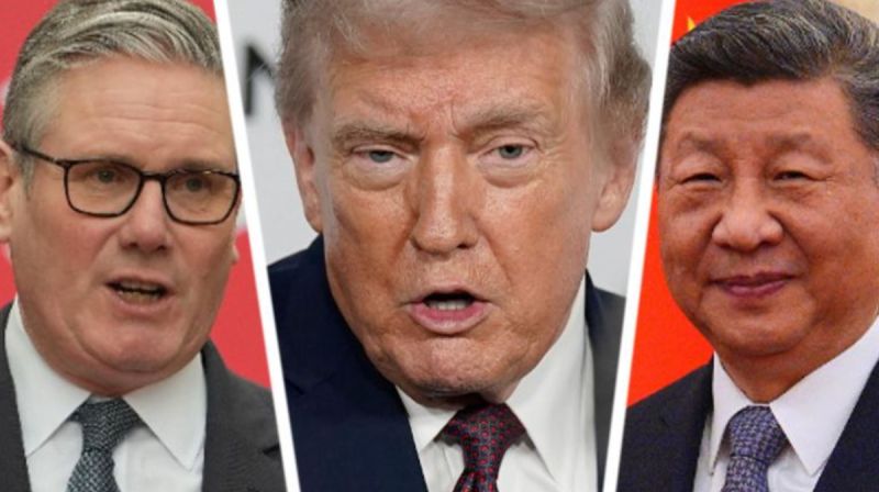 Perdana Menteri Inggris Keir Starmer bersama Presiden Amerika Serikat Donald Trump dan Presiden China Xi Jinping yang menggambarkan dinamika hubungan diplomatik dan ekonomi global.