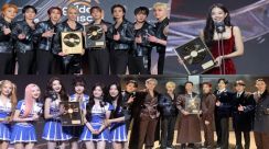 Para pemenang Daesang berpose di panggung Golden Disc Awards ke-40 di Taipei Dome, menampilkan Stray Kids, G-Dragon, dan Jennie dengan trofi penghargaan tertinggi K-Pop.