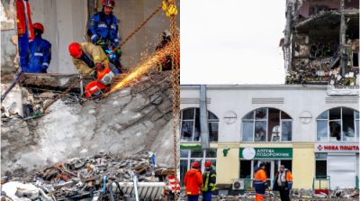 _Petugas darurat Ukraina bekerja di tengah reruntuhan setelah serangan udara Rusia menghantam Kyiv