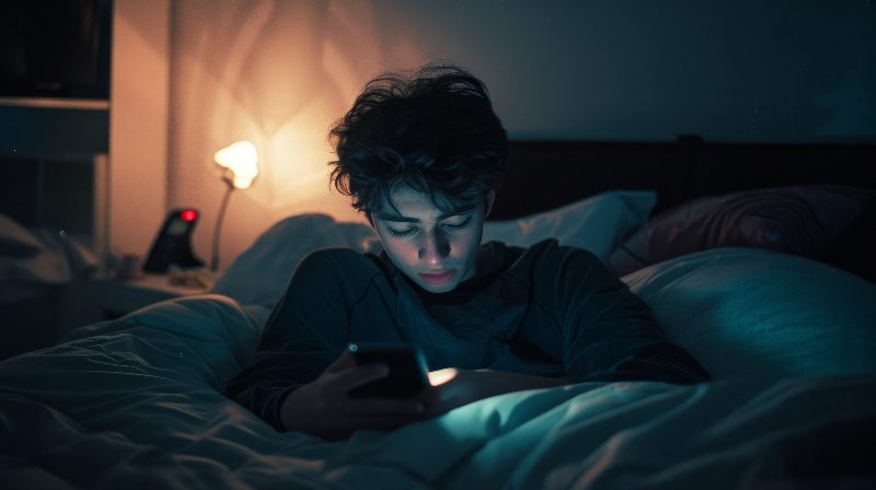 Ilustrasi anak menggunakan ponsel di malam hari sebagai simbol kerentanan anak terhadap paparan konten ekstremisme dan radikalisme di ruang digital.