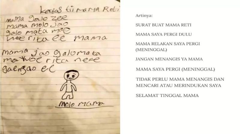 Surat perpisahan tulisan tangan milik YBS, siswa SD di Ngada, Nusa Tenggara Timur, yang diduga bunuh diri akibat tekanan ekonomi keluarga.