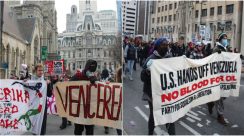 Massa demonstran berpawai dari Balai Kota Philadelphia ke Pusat Pertahanan militer AS di Spring Garden Street sambil membawa poster memprotes serangan militer Amerika Serikat di Venezuela.