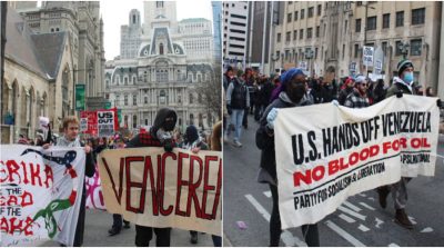 Massa demonstran berpawai dari Balai Kota Philadelphia ke Pusat Pertahanan militer AS di Spring Garden Street sambil membawa poster memprotes serangan militer Amerika Serikat di Venezuela.